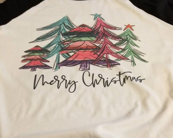 Merry Christmas Tree Raglan, Womens TShirt, Christmas Raglan, Family Christmas Pajamas, Serape Shirt, Holiday Tee, Festive Shirt, Christmas