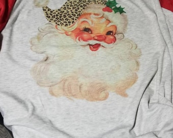 Vintage Santa Raglan, Leopard Hat Christmas Tee, Womens Christmas Shirt