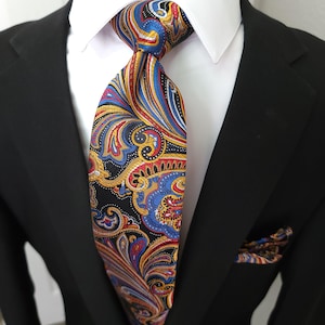 Gold Navy Blue Silk Tie Pocket Square Set