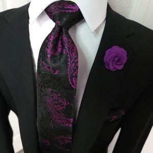 Black Purple  Silk Tie Pocket Square Cufflink Set