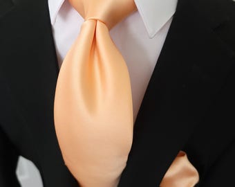 Solid Peach Orange Silk Tie Pocket Square Cufflink Set