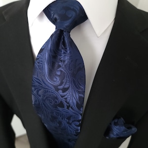 Navy Blue Solid Floral Silk Tie Pocket Square Cufflink Set