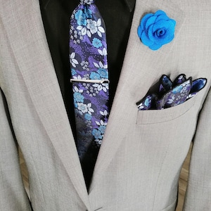 Blue Floral Tie Silk Jacquard Necktie Hanky Cufflinks Set