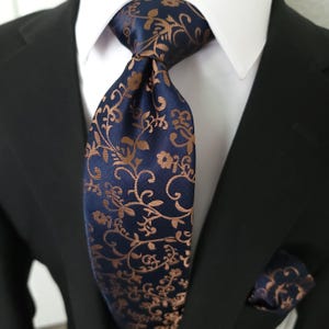Navy Floral Silk Tie Pocket Square Cufflinks Set