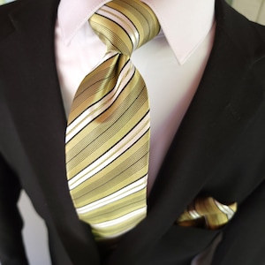 Sage Green White Stripe Silk Tie Pocket Square Cufflink Set