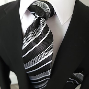 Black White Stripe Silk Tie Pocket Square Cufflink Set