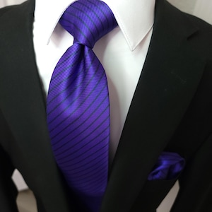 Purple Stripe Silk Tie Pocket Square Cufflink Set