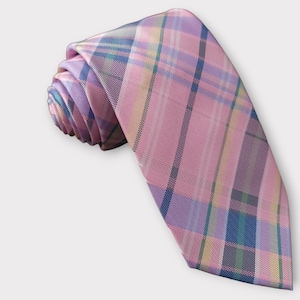 Pink Blue Plaid Silk Tie Pocket Square Cufflink Set