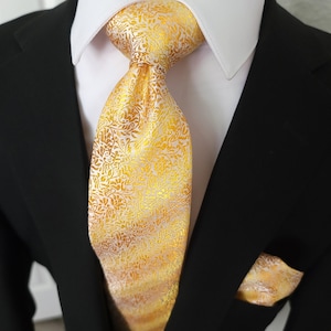 Gold Floral Silk Tie Pocket Square Cufflink Set