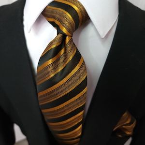 Black Gold Stripe Silk Tie Pocket Square Cufflink Set