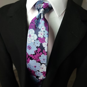 Purple Gray Floral Silk Tie Pocket Square Set