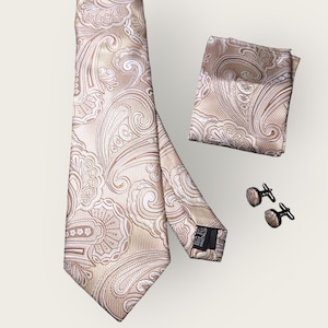Cream Paisley Silk Tie Pocket Square Cufflink Set