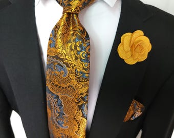 Floral Black Gold Paisley Silk Tie Pocket Square Cufflink Set