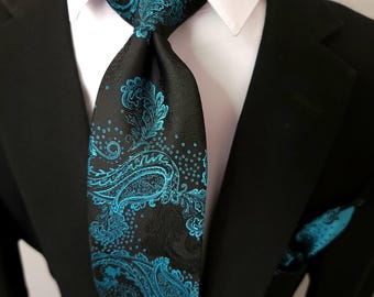 Black Teal Paisley Silk Tie Pocket Square Cufflink Set