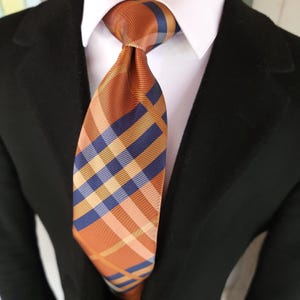 Brown Orange Blue Stripe Silk Tie Pocket Square Cufflink Set