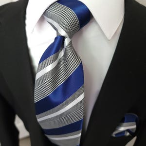 Blue Striped Silk Tie Pocket Square Cufflink Set