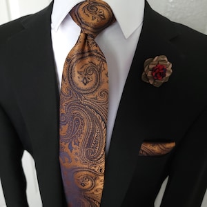 Gold Brown Black Paisley Silk Tie Pocket Square Cufflink Set