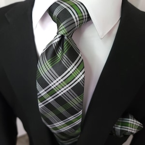 Green White Plaid Silk Tie Pocket Square Cufflink Set