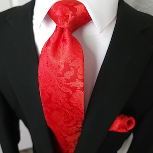 Extra Long Red Floral Tie Pocket Square Cufflink Set