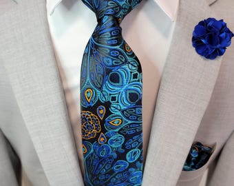 Blue Paisley Floral Silk Tie Pocket Square Cufflinks Set