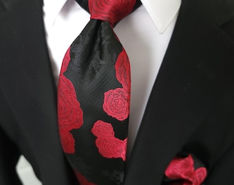 Black Red Peonies Floral Silk Tie Pocket Square Cufflink Set