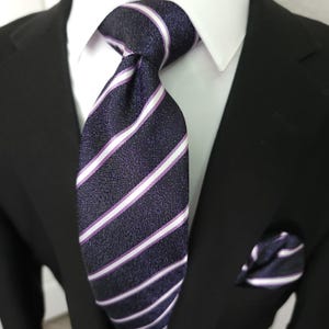 Dark Purple White Stripe Silk Tie Pocket Square Cufflink Set