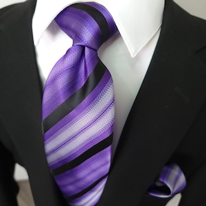 Black Purple Stripe Silk Tie Pocket Square Cufflink Set