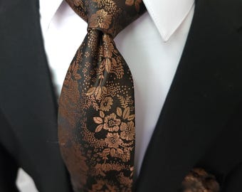 Ensemble de boutons de manchette marron pour cravate en soie à fleurs