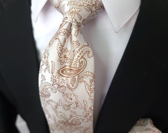 Light Brown Luxury Paisley Silk Tie Pocket Square Cufflink Set