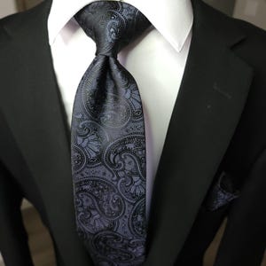 Extra Long Black Paisley Tie Pocket Square Cufflink Set