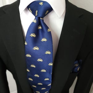 Navy Blue Car Silk Tie Pocket Square Cufflink Set