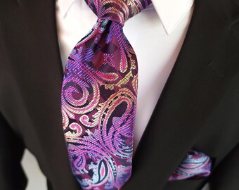 Lila Paisley Lyxig Sidenslips Näsduk Manschettknappar Set