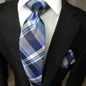 Plaid Blue Silk Tie Pocket Square Cufflink Set
