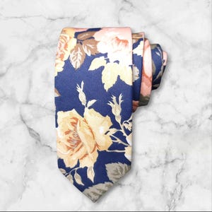Navy Blue Cream Floral Slim Tie