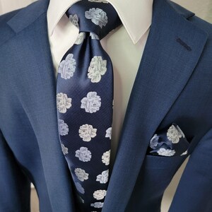 Blue White Floral Silk Tie Pocket Square Cufflink Set