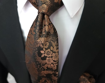 Brown Floral Silk Tie Pocket Square Cufflink Set