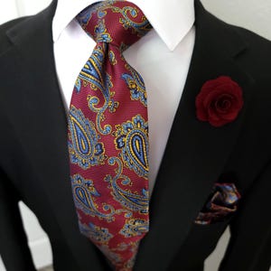 Burgundy Blue Paisley Silk Tie Pocket Square Cufflink Set