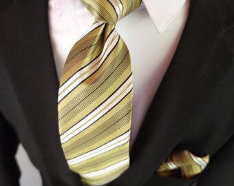 Sage Green White Stripe Silk Tie Pocket Square Cufflink Set