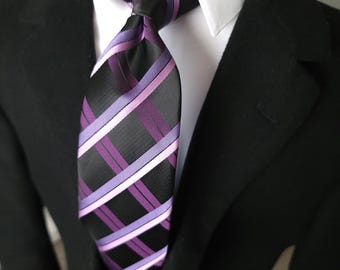 Black Purple Plaid Silk Tie