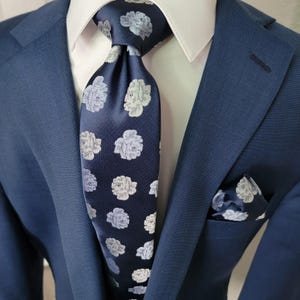 Blue White Floral Silk Tie Pocket Square Cufflink Set