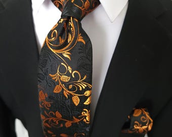 Black Orange Floral Silk Tie Pocket Square Cufflink Set