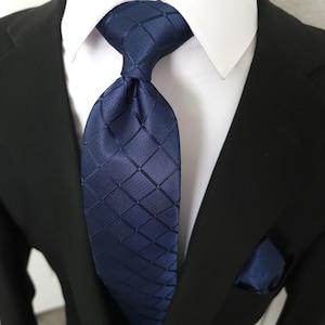 Extra Long Navy Blue Plaid Tie Pocket Square Cufflink Set