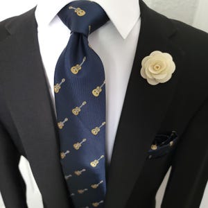 Guitar Navy Silk Tie Pocket Square & Cufflinks