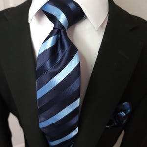 Navy Blue Light Blue Stripe Silk Tie Pocket Square Cufflink Set