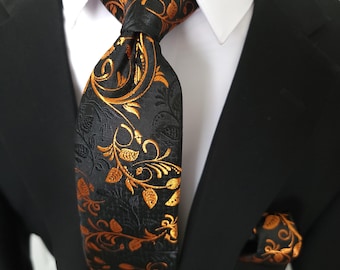 Black Orange Floral Silk Tie Pocket Square Cufflink Set