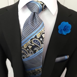 Blue Paisley Stripe Silk Tie Handkerchief Cufflinks necktie Set
