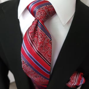 Red Blue Silk Tie Pocket Square Cufflink Set