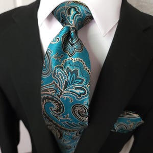 Teal Blue Paisley Silk Tie Pocket Square Cufflink Set