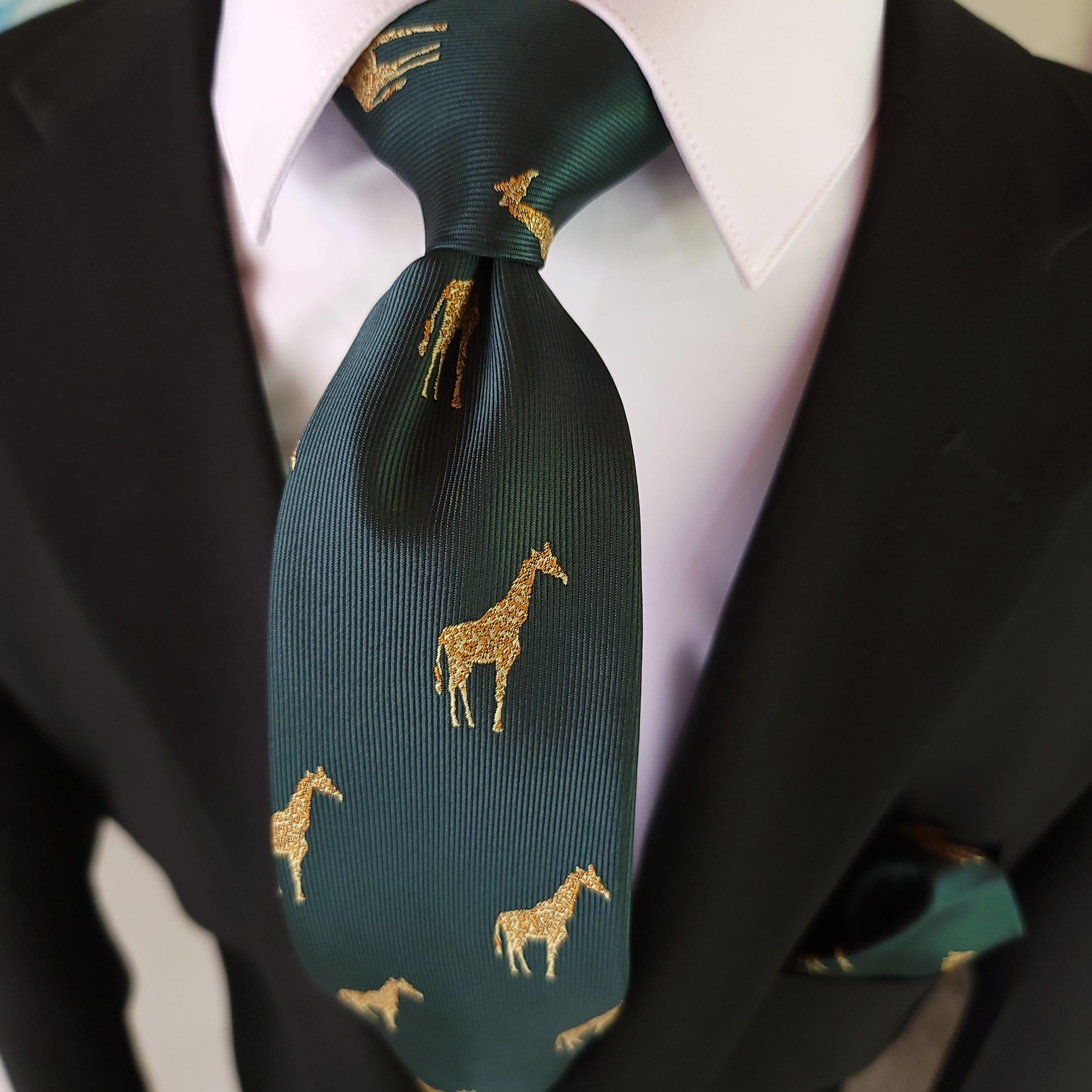 Green Giraffe Silk Tie Pocket Square Cufflink Set