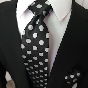 Classic Black Polka Dot Silk Tie Pocket Square Cufflinks Set